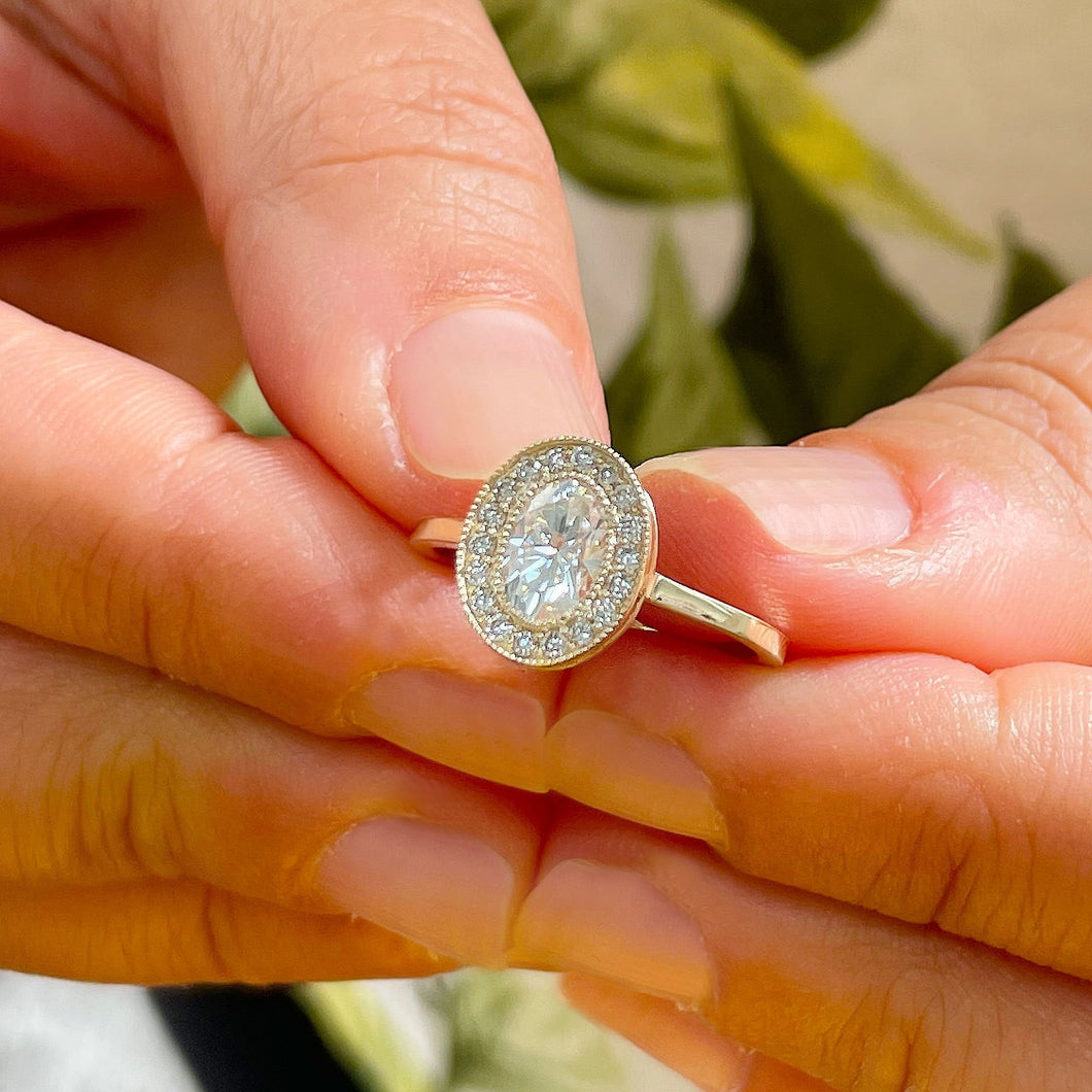 Bezel-Set Pear Sapphire Diamond Halo Engagement Ring 14K White Gold